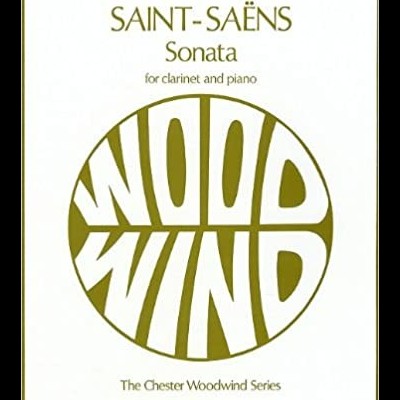 Capa de partitura musical com texto SAINT-SAËNS Sonata for clarinet and piano e logo WOODWIND.