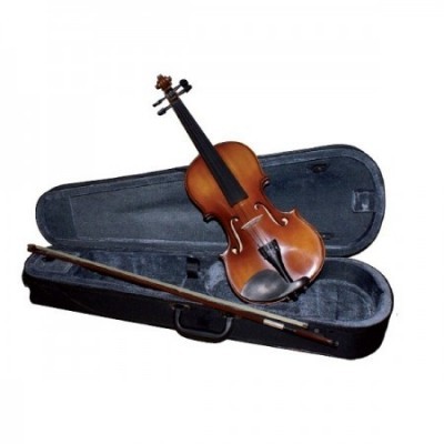 Violino castanho numa mala preta aberta com interior cinzento e arco