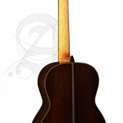 Guitarra clássica vista de trás, madeira escura e clara, fundo branco com clave de sol