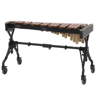 Marimba musical com lâminas marrons e suporte preto com rodas