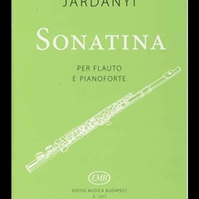 Capa verde de partitura musical com texto em branco e desenho de flauta