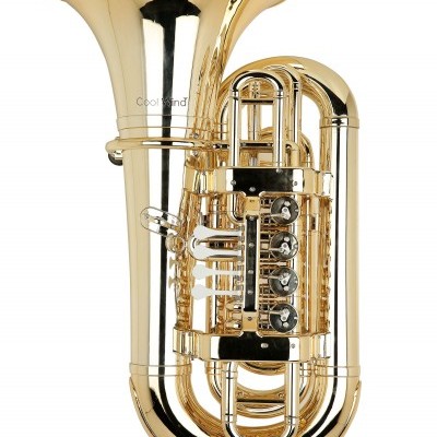 Tuba dourada de metal com quatro válvulas e palavra 'Cool Band' gravada no sino