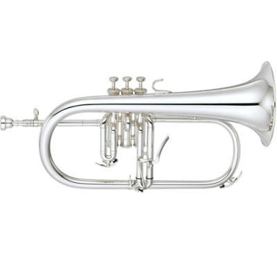 Corneta metálica prateada com três válvulas
