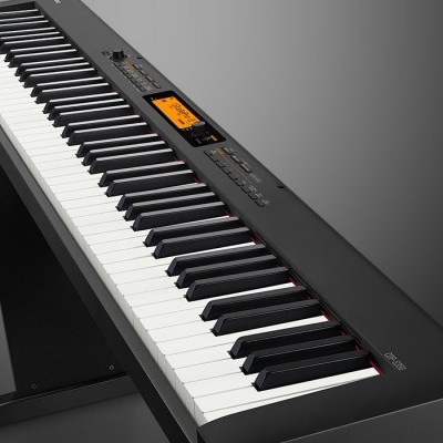 Teclado digital preto com teclas e painel de controlo ecrã laranja