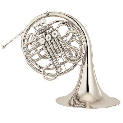 Trompa de metal prateado com tubos enrolados e válvulas