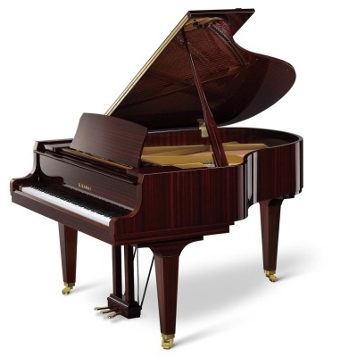 Piano de cauda castanho escuro com tampa aberta e três pernas