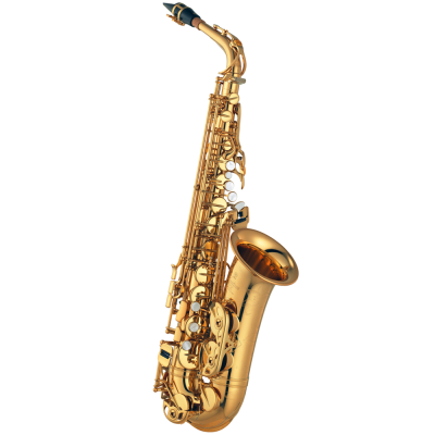 Saxofone tenor dourado com bocal preto sobre fundo branco