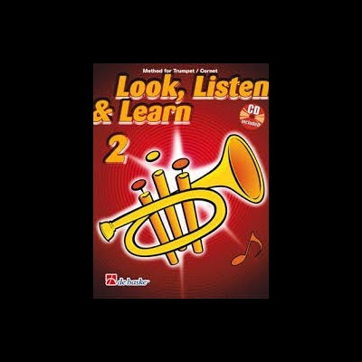 Capa de livro 'Look, Listen & Learn 2' para trompete com ilustração de trompete amarelo sobre fundo vermelho