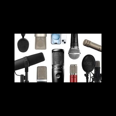 Vários microfones de diferentes tipos e cores sobre fundo branco