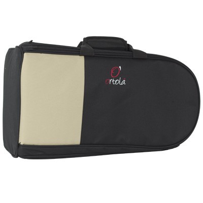Estojo de instrumento musical preto com painel bege e logótipo ortola.