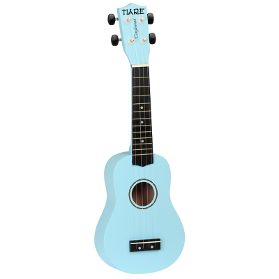 Ukulele azul claro com texto TIARE no cabeçote