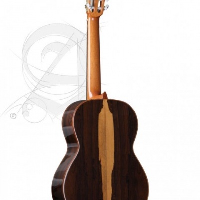 Guitarra clássica de madeira vista de trás com padrão de madeira escura e clara