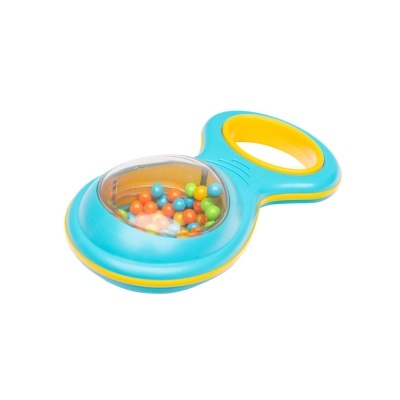 Brinquedo com pega amarela e azul e bolinhas coloridas dentro