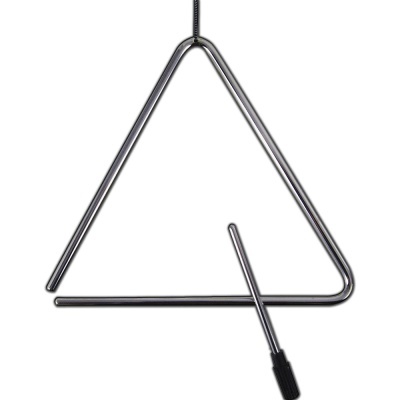 Triângulo musical metálico prateado com baqueta