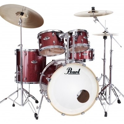 Bateria musical Pearl vermelho brilhante com pratos e estrutura metálica