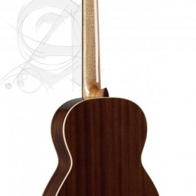 Guitarra clássica de madeira escura vista de trás