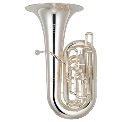 Eufónio prateado com acabamento brilhante e tubos curvados sobre fundo branco