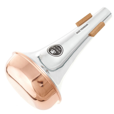 Muta de trombone baixo em metal prateado e cobre com cortiça