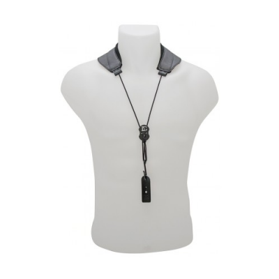 Suporte para câmara fotográfica com correias pretas acolchoadas e sistema de trava central