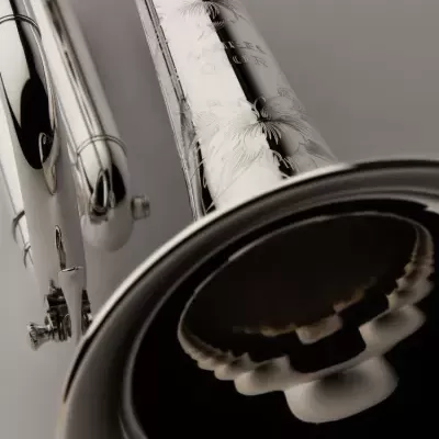 instrumento musical de metal prateado com gravações florais e texto visível em fundo cinzento