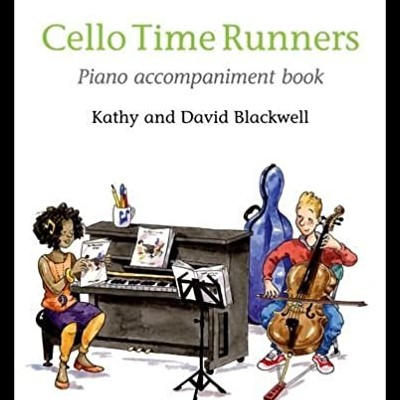 Capa de livro 'Cello Time Runners' com crianças e instrumentos musicais desenhados