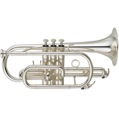 Trompete em metal prateado com três pistões