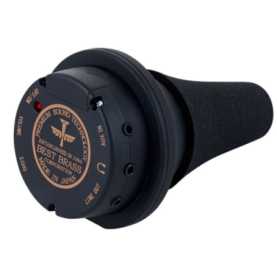 Abafador para instrumento de sopro preto com botões e inscrições douradas e brancas