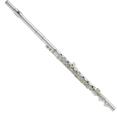 Flauta transversal em metal prateado com várias teclas e botões brancos