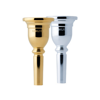 dois bocal para instrumento musical dourado e prateado com inscrição SCHILKE