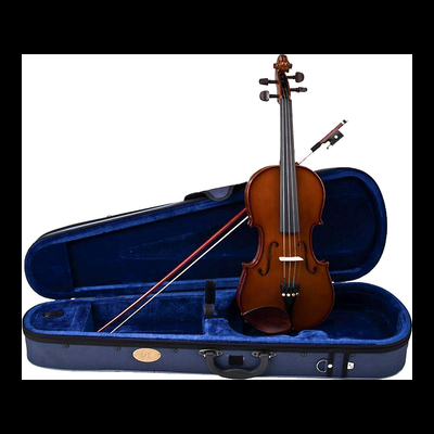 Violino em madeira com capa rígida azul escura aberta