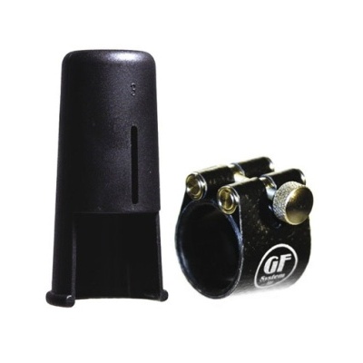 Dois acessórios musicais pretos com abraçadeira metálica e suporte de plástico