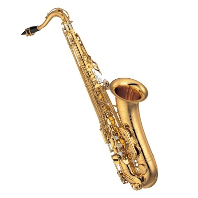 Saxofone tenor dourado com teclas brancas em fundo branco
