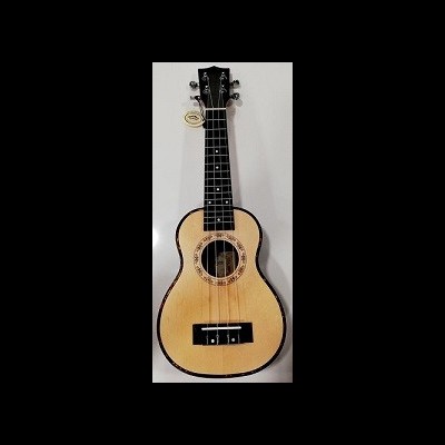 Ukulele em madeira clara com braço preto e cordas com cravelhas metálicas