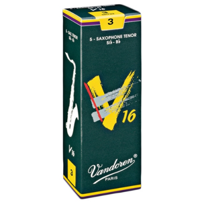 Caixa de palhetas para saxofone tenor Vandoren V16 verde com detalhes amarelos e texto branco e vermelho.