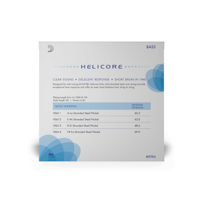 Pacote de cordas para baixo Helicores com texto e especificações técnicas em azul e branco