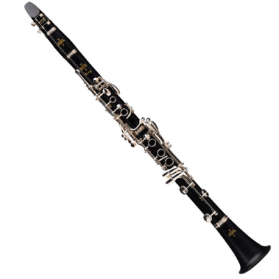Clarinete preto com chaves prateadas e texto BUFFET CRAMPON PARIS