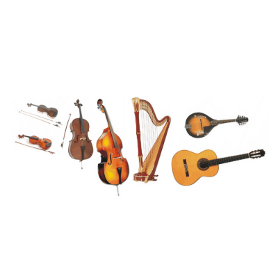Instrumentos musicais de corda: violinos, contrabaixo, harpa, bandolim e guitarra