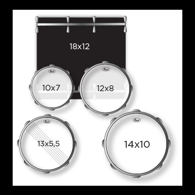 Kit de tambores com peles e prato preto e branco com dimensões impressas