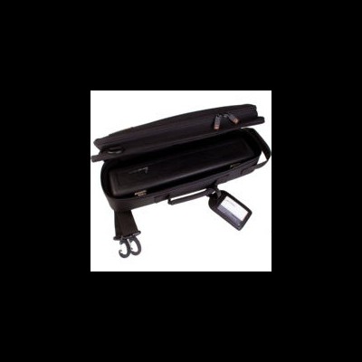 Mala preta de tecido com bolso aberto e alça ajustável