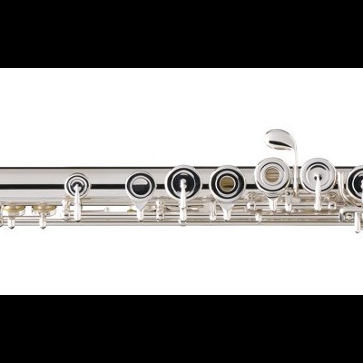 Flauta transversal metálica prateada com chaves pretas