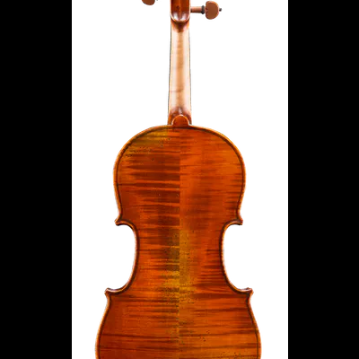 Violino de madeira visto de trás com acabamento polido castanho e laranja