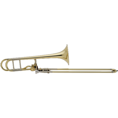 Trombone dourado de metal com varão, em fundo branco