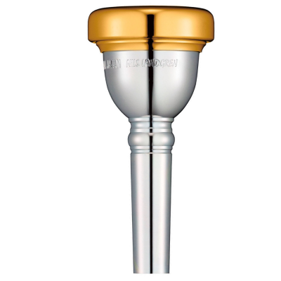 Bocal de trompete prateado com anel dourado e gravação WILLIAM KILGARDEN