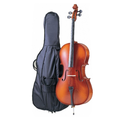 Violoncelo de madeira castanho-avermelhado com estuche preto acolchoado