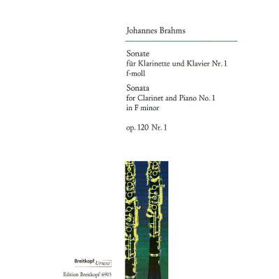 Capa de partitura musical com clarinetes e texto de Johannes Brahms