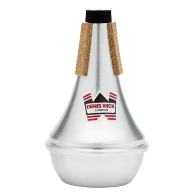 Mudo de metal prateado para trompete com logótipo DENIS WICK LONDON e tiras de cortiça