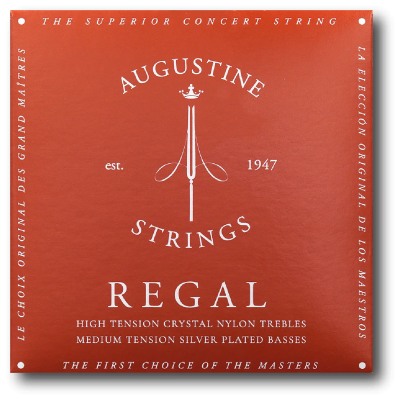 Embalagem vermelha de cordas Augustine Strings Regal com texto branco