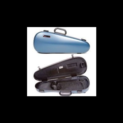 Estojo rígido azul metálico para violino aberto e fechado