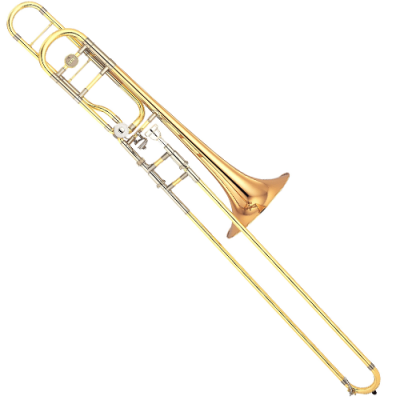 Trombone dourado com válvula prateada sobre fundo branco