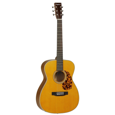 Guitarra acústica em madeira natural clara com detalhes em castanho escuro e metal prateado.